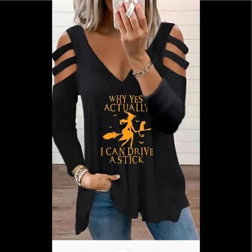 NWT Hilarious HalloweenΒ topβwithβcutβoutβshouldersβV-neckβ.βCottonβblend.